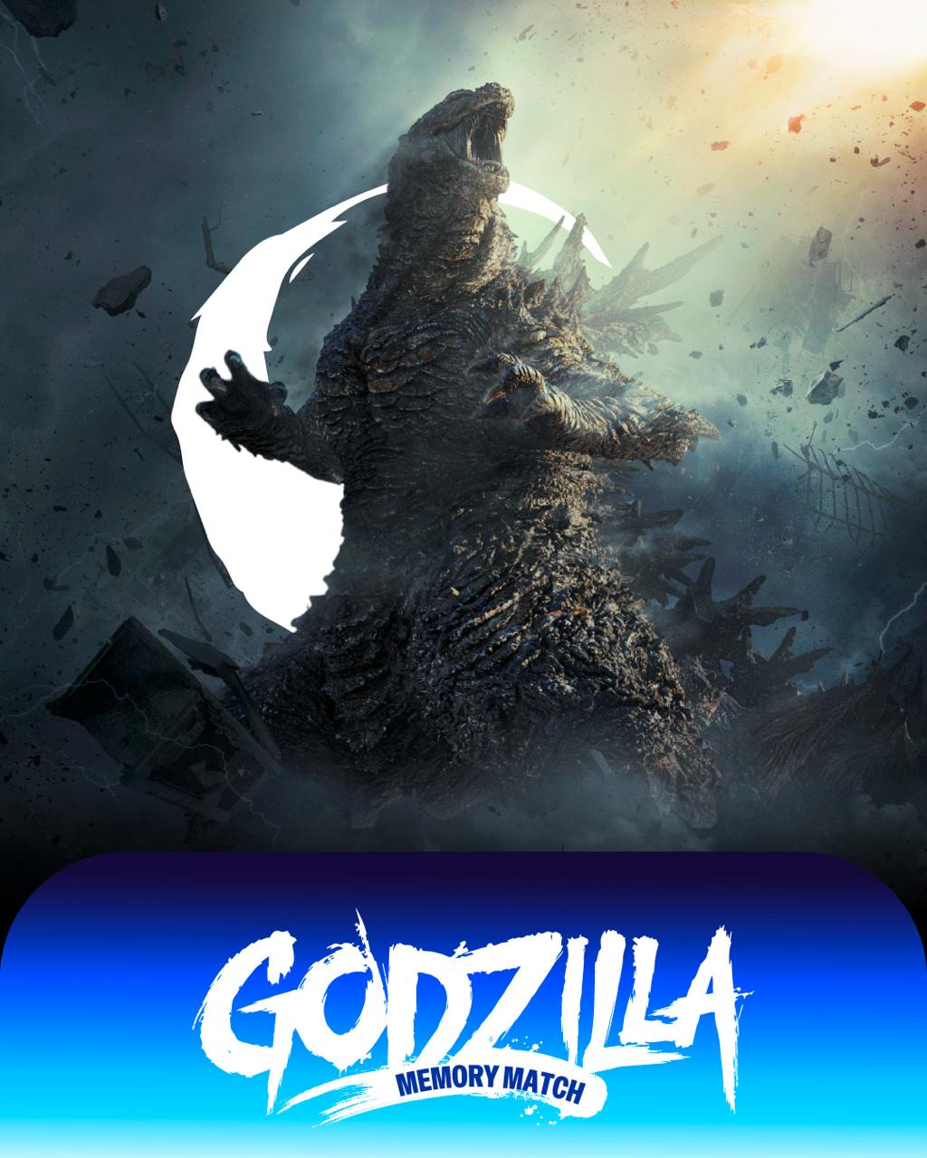 Godzilla ruge entre escombros y tormenta. Godzilla Memory Match.